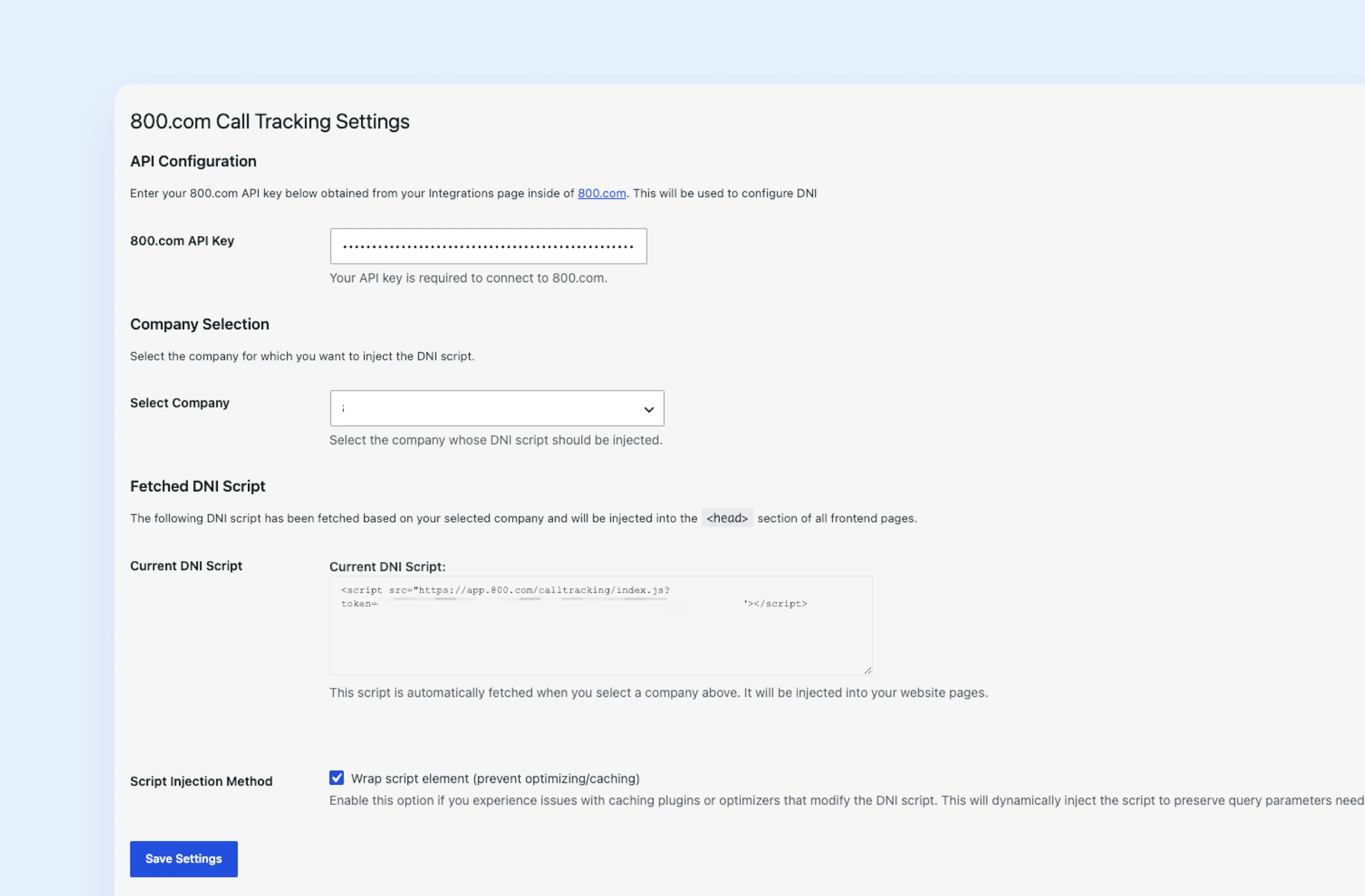 800.com Call Tracking settings in WordPress