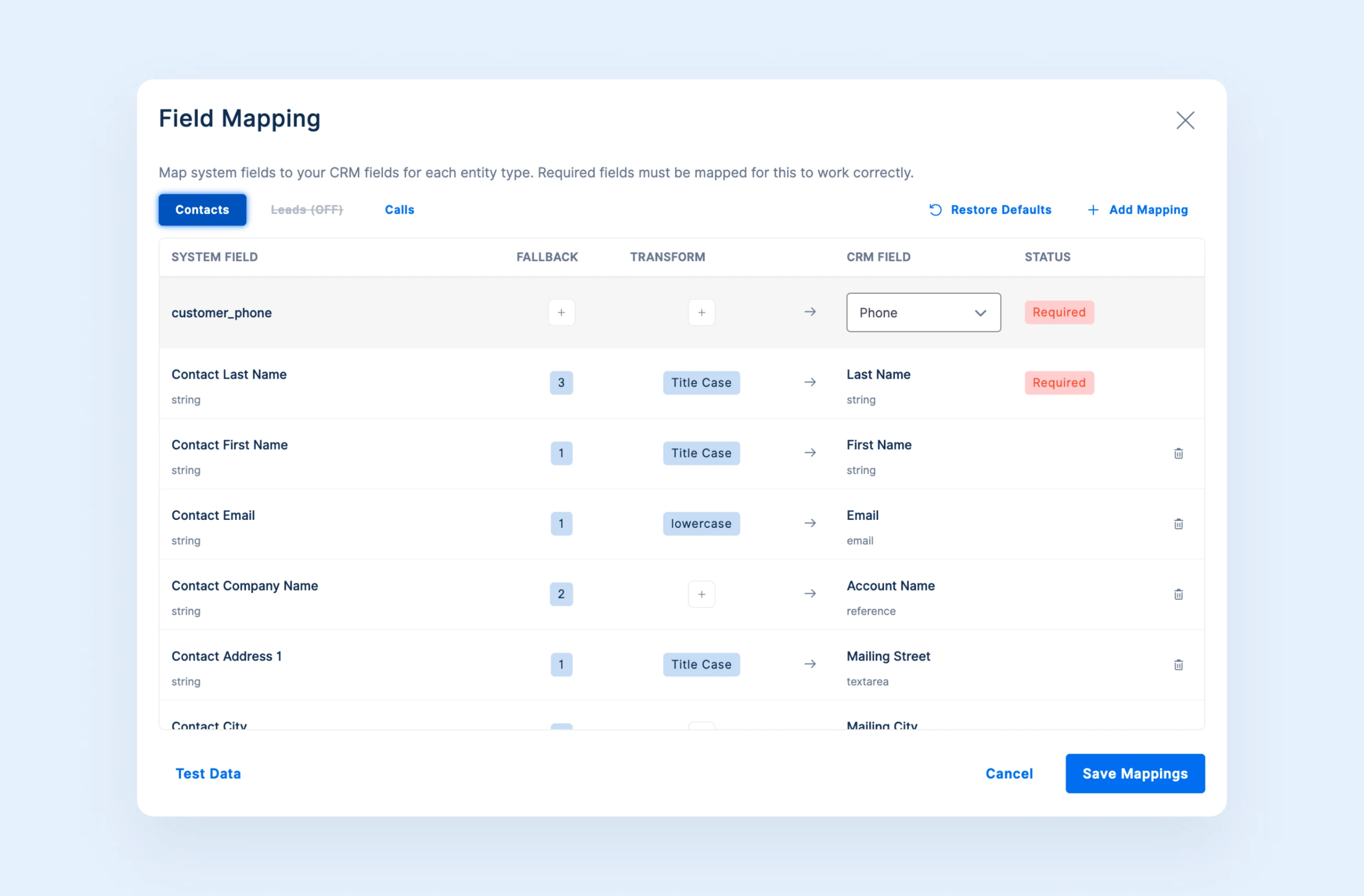 Zoho CRM field mapping for 800.com call data